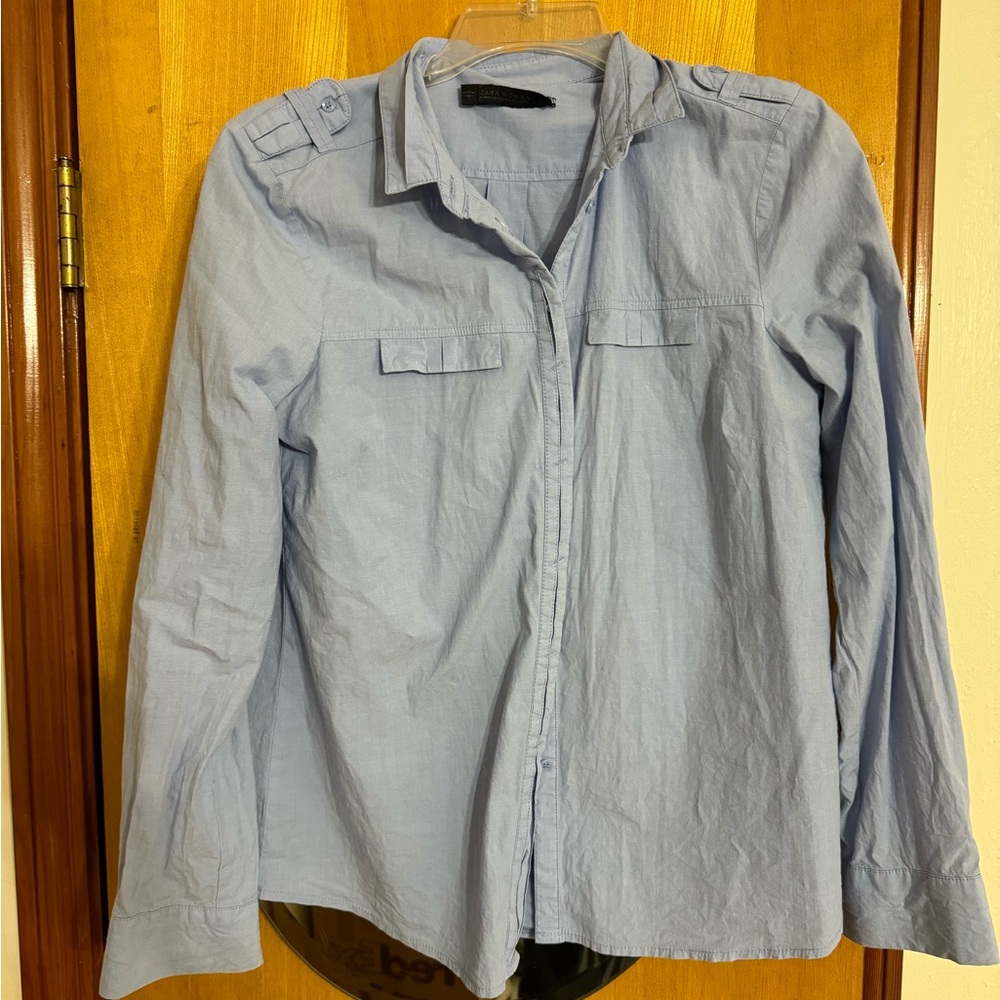 Zara women military style top hidden buttons M blue